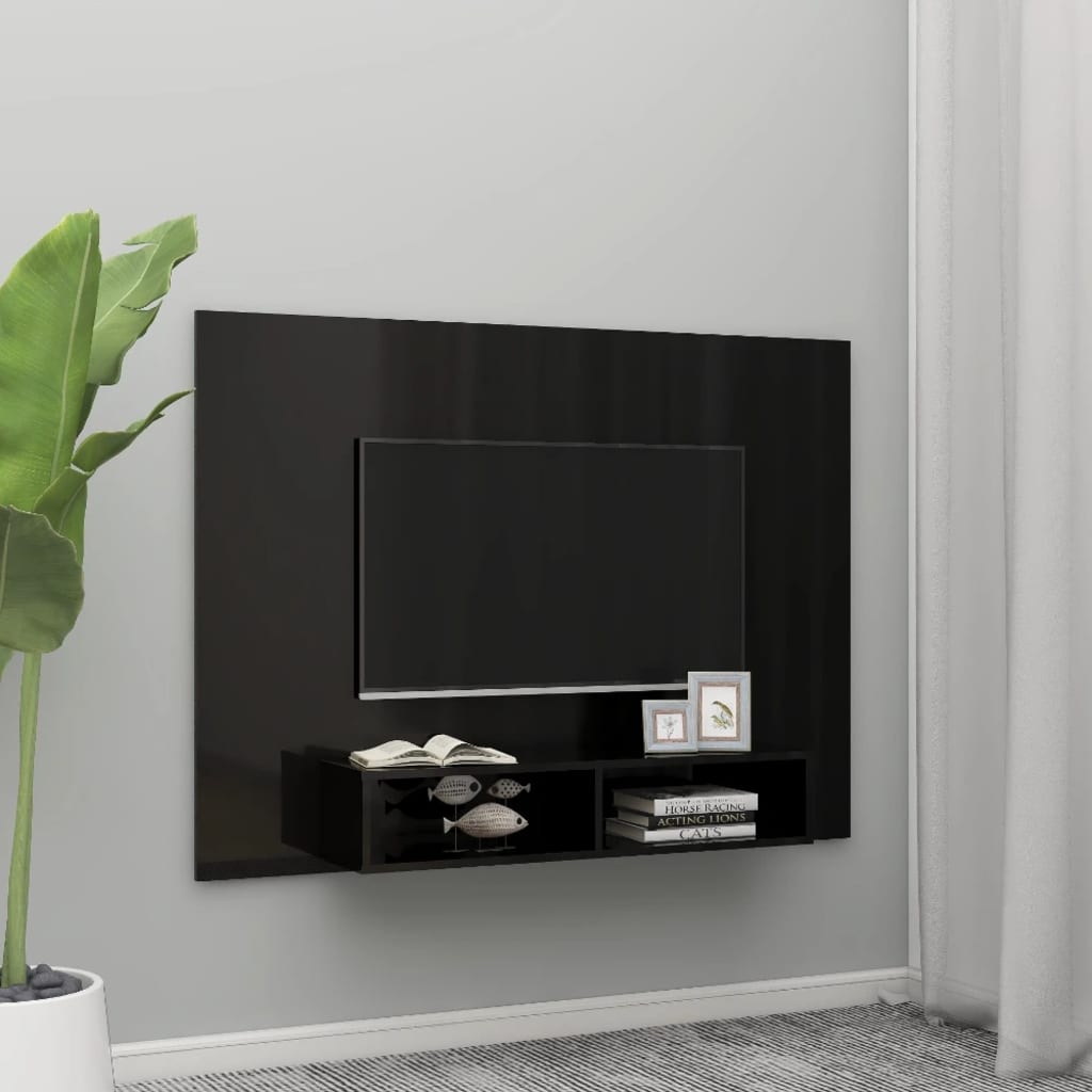 vidaXL Stenska TV omarica visok sijaj črna 135x23,5x90 cm iverna pl.
