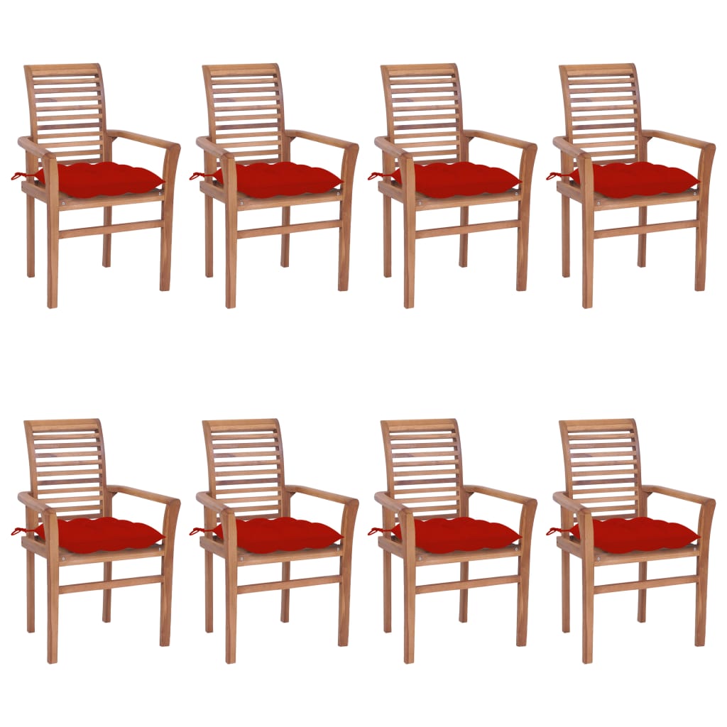 vidaXL Jedilni stoli 8 kosov z rdečimi blazinami trdna tikovina