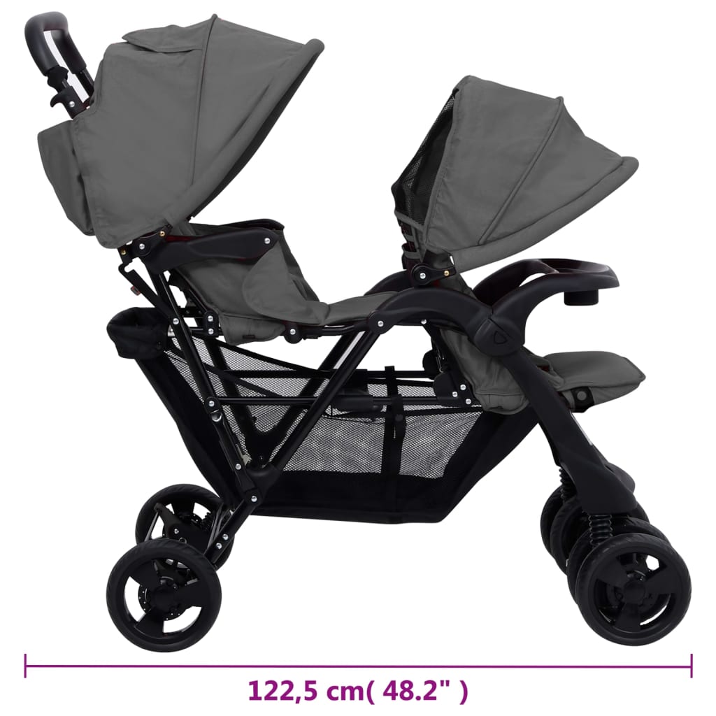 vidaXL Otroški voziček za dvojčke temno sivo jeklo