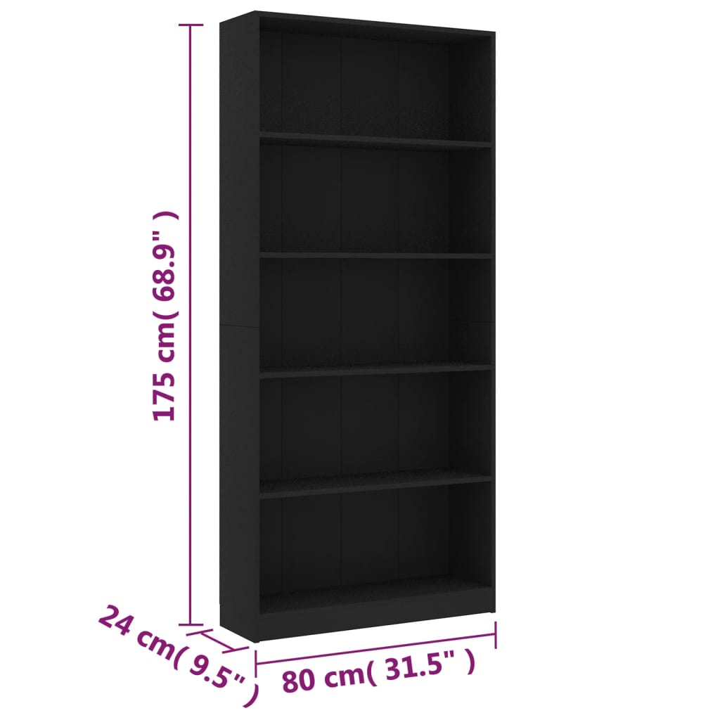 vidaXL Knjižna omara 5-nadstropna črna 80x24x175 cm iverna plošča