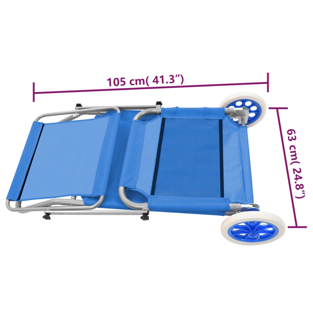 vidaXL Zložljiv ležalnik s streho in kolesi jeklo moder