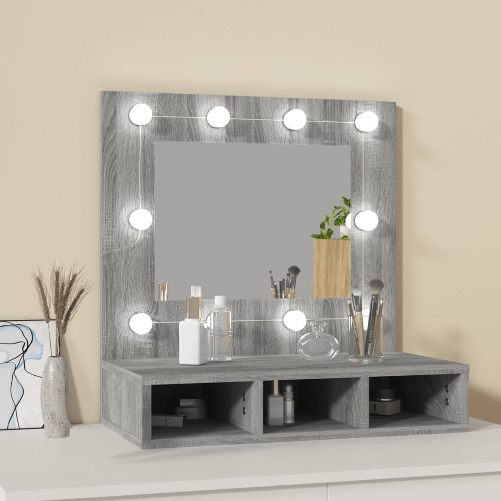 vidaXL Omarica z ogledalom in LED lučkami siva sonoma 60x31,5x62 cm