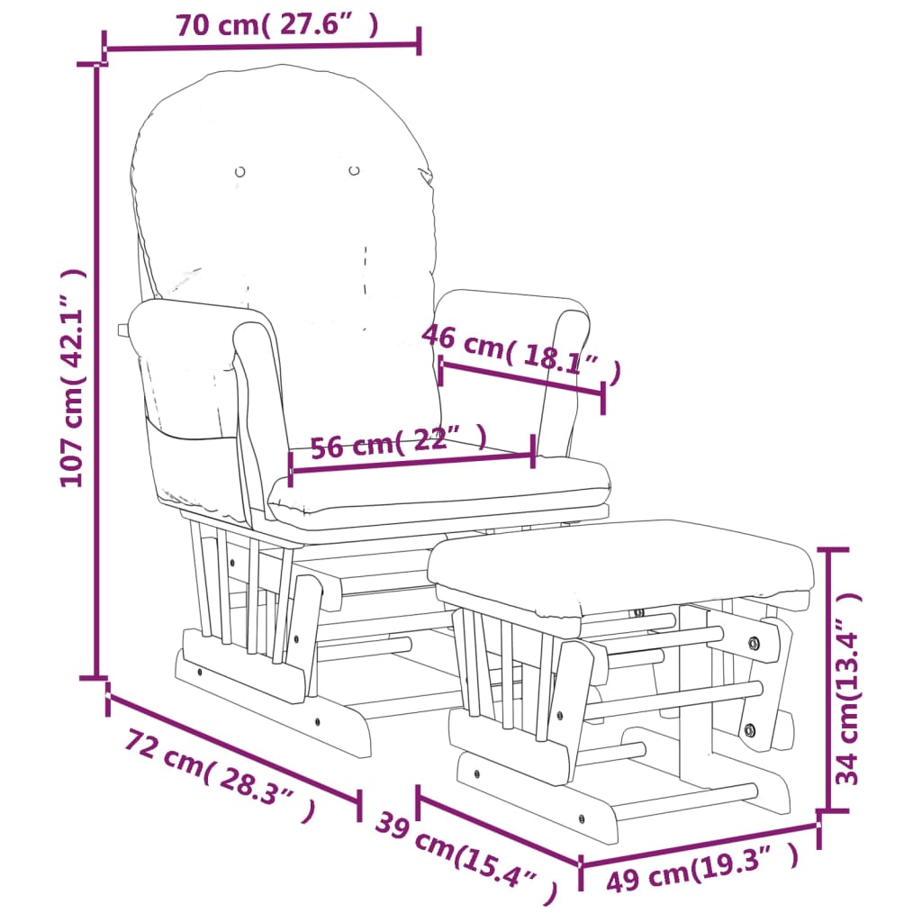 vidaXL Gugalni stol s stolčkom svetlo roza blago