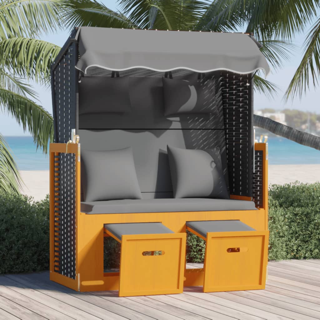 vidaXL Stol za na plažo z blazino poli ratan in trden les črn antracit