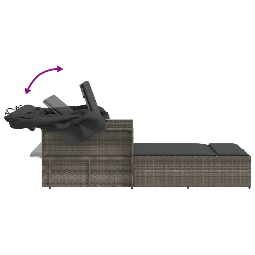 vidaXL Dvojni ležalnik s streho in blazinami siv poli ratan