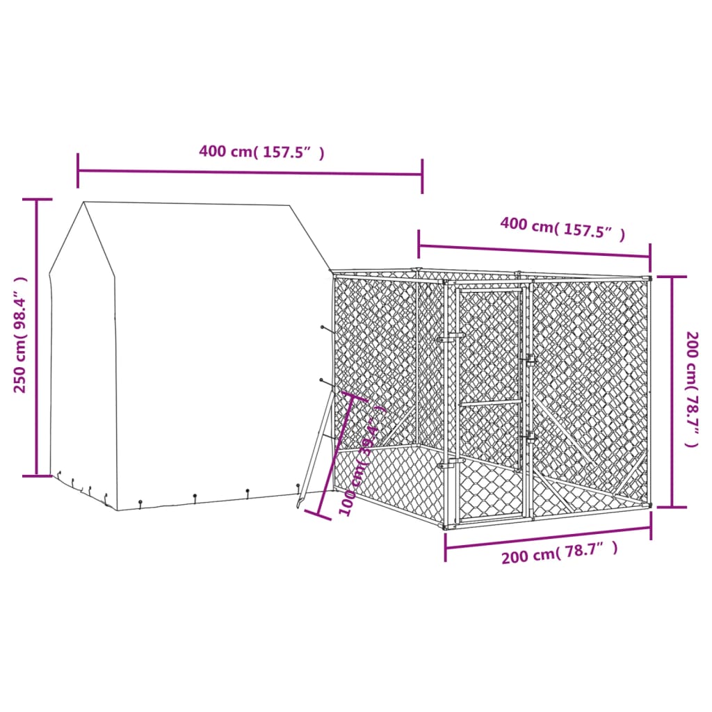 vidaXL Zunanja pasja ograda s streho srebrna 4x4x2,5 m pocinkano jeklo
