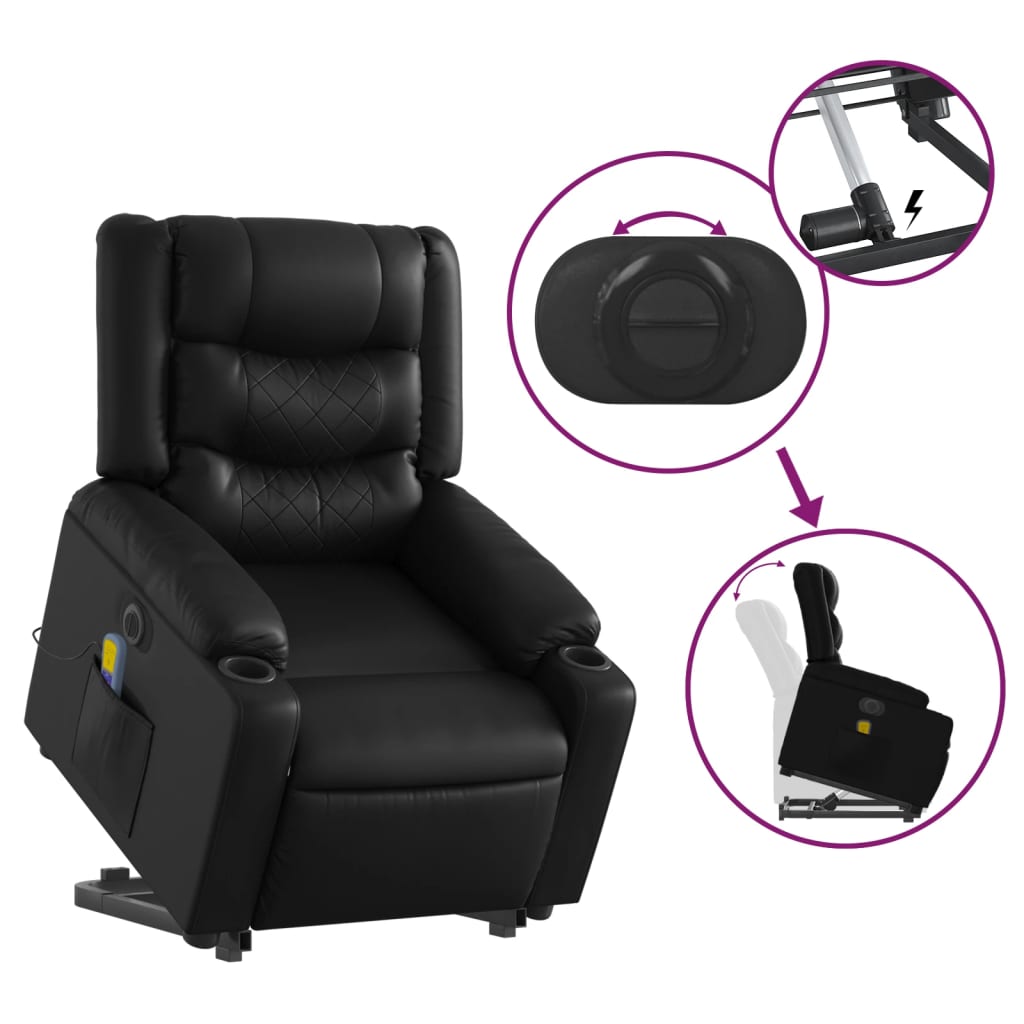 vidaXL Električni masažni fotelj s funkcijo vstajanja črno um. usnje