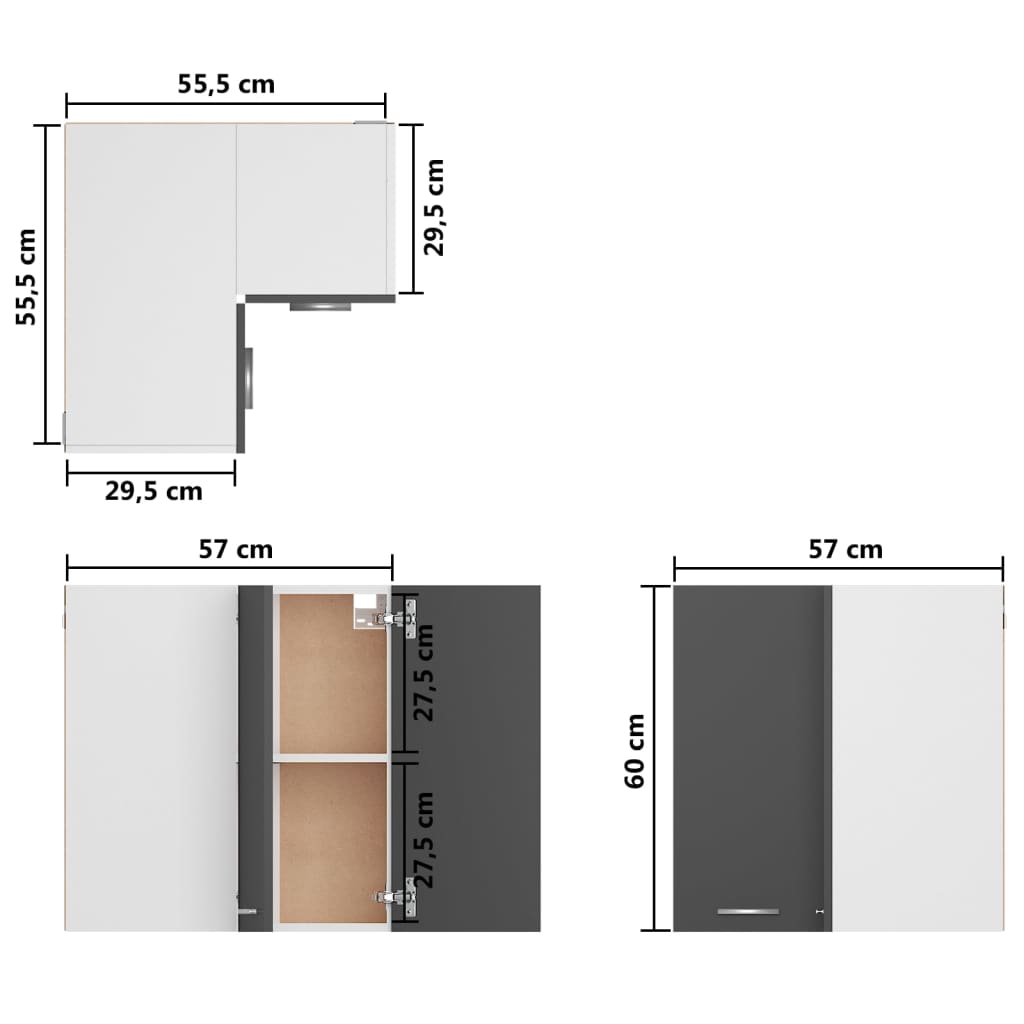 vidaXL Viseča kotna omarica siva 57x57x60 cm iverna plošča
