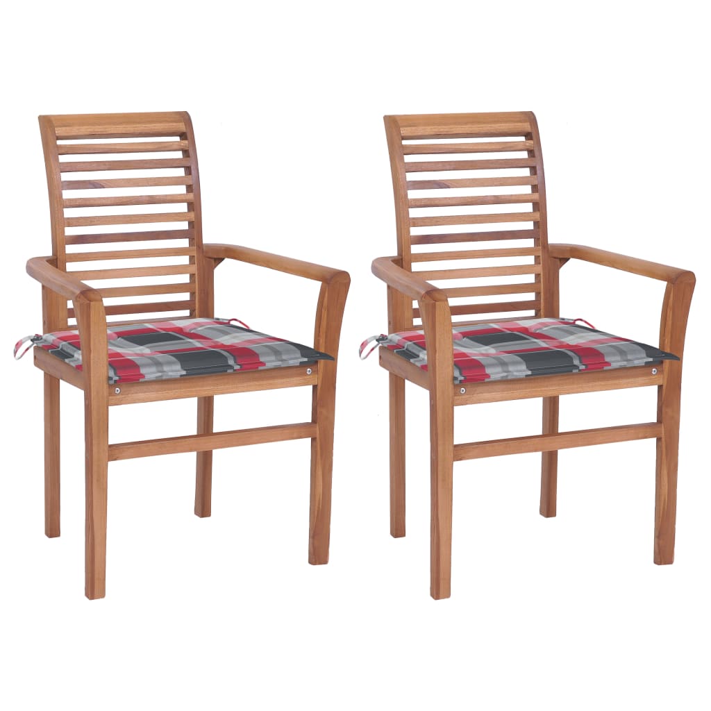 vidaXL Jedilni stoli 2 kosa z rdečimi karo blazinami trdna tikovina