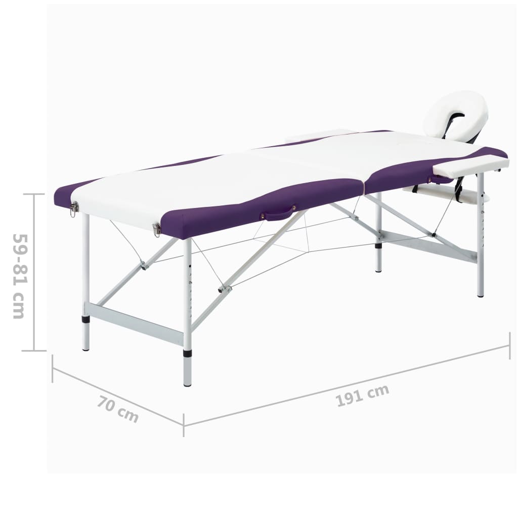 vidaXL 2-conska zložljiva masažna miza aluminij bela in vijolična