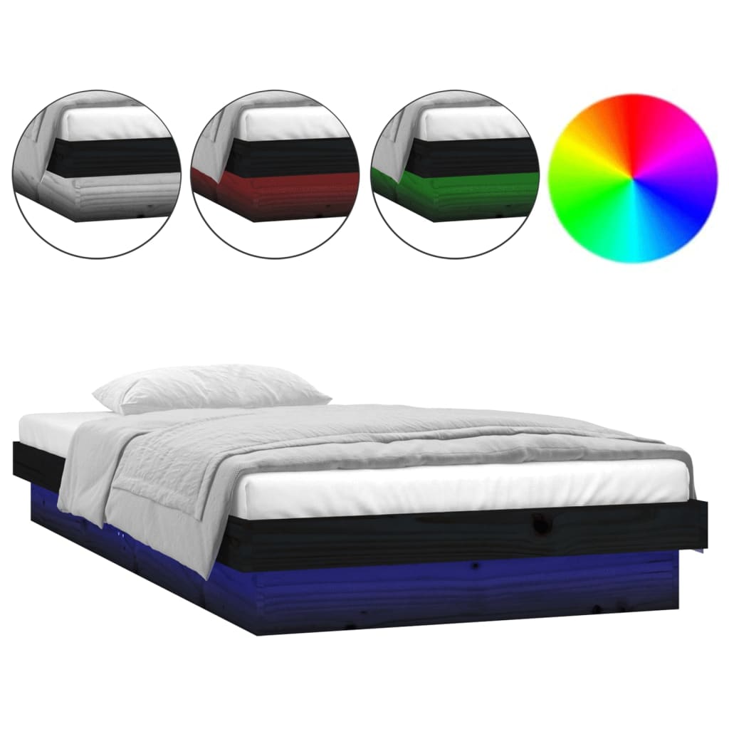 vidaXL LED posteljni okvir črn 90x200 cm trden les