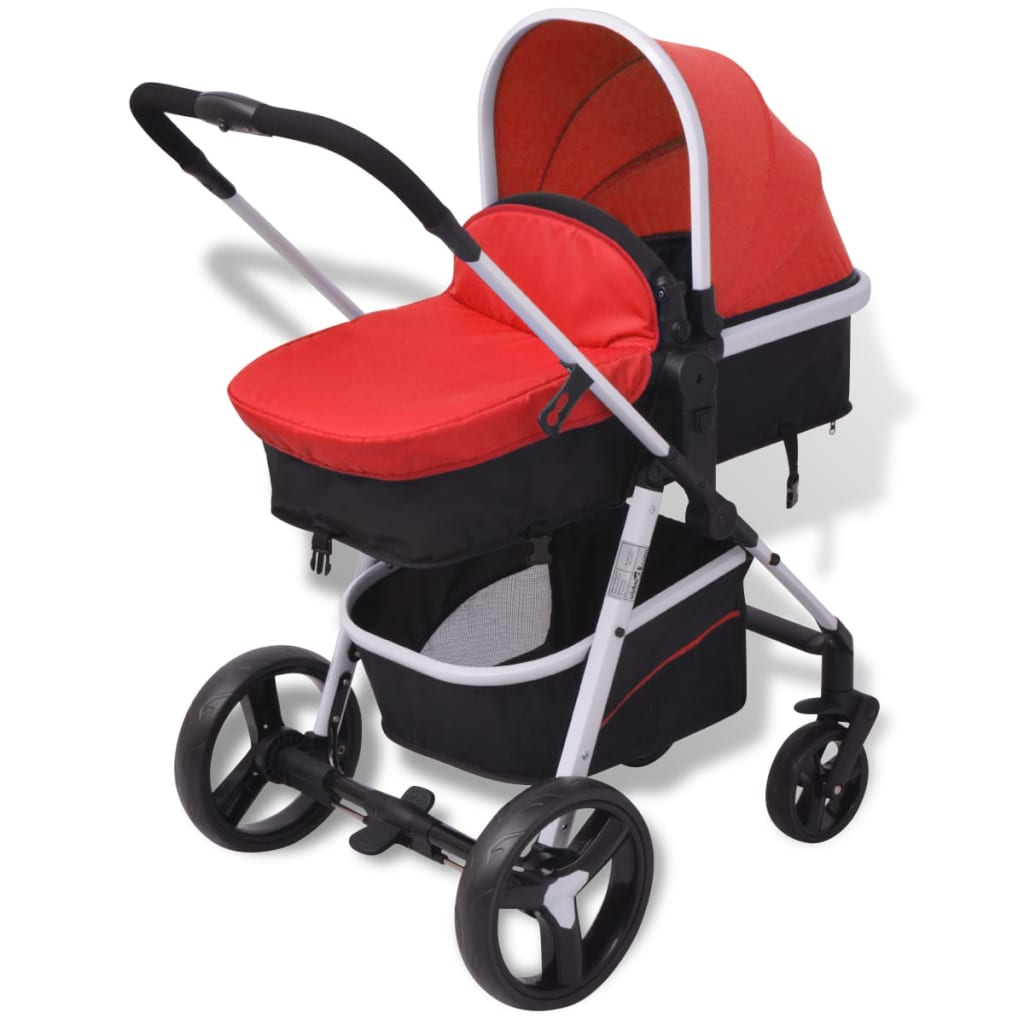 vidaXL Otroški voziček 3 v 1 aluminijast rdeče in črne barve