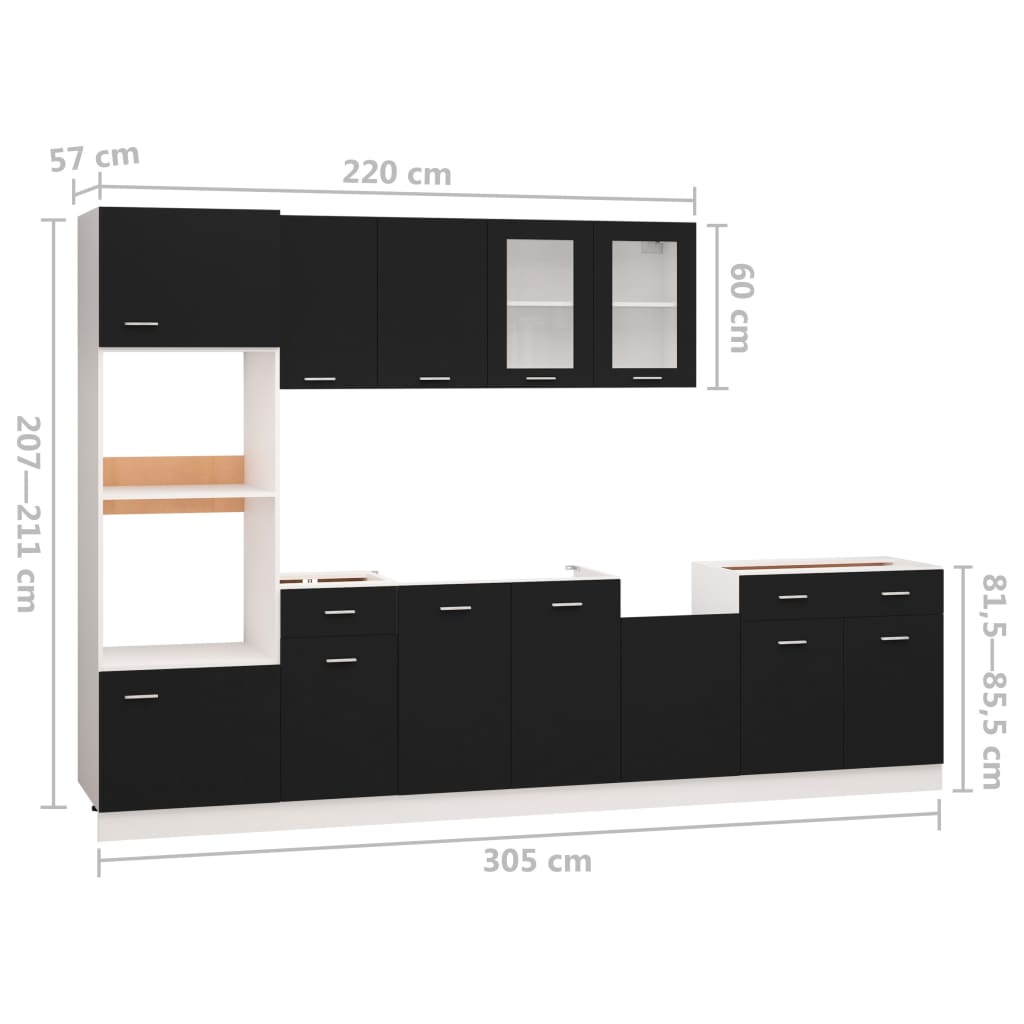 vidaXL Komplet kuhinjskih omaric 7-delni črn iverna plošča