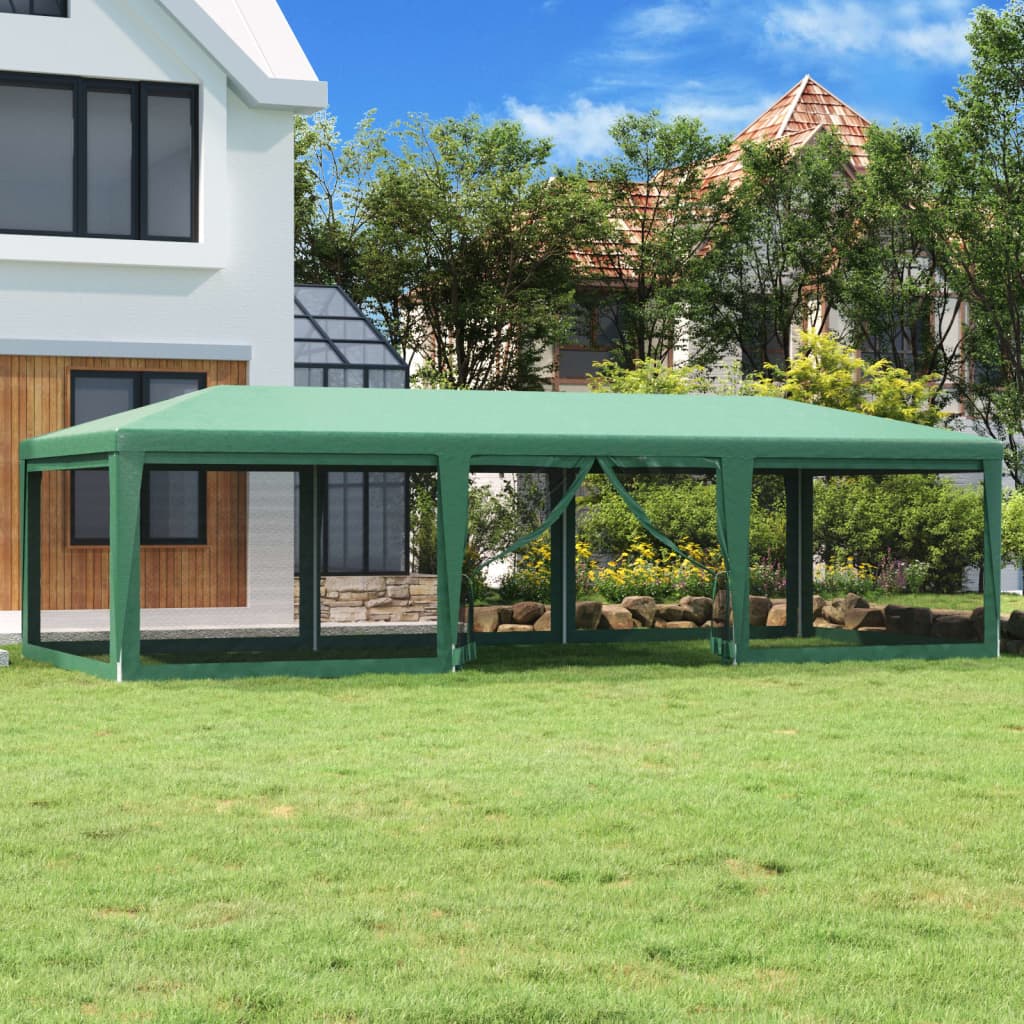 vidaXL Vrtni šotor z 8 mrežastimi stranicami zelen 9x4 m HDPE