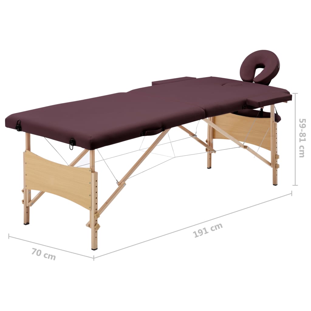 vidaXL Zložljiva masažna miza 2 coni les vinsko vijolična