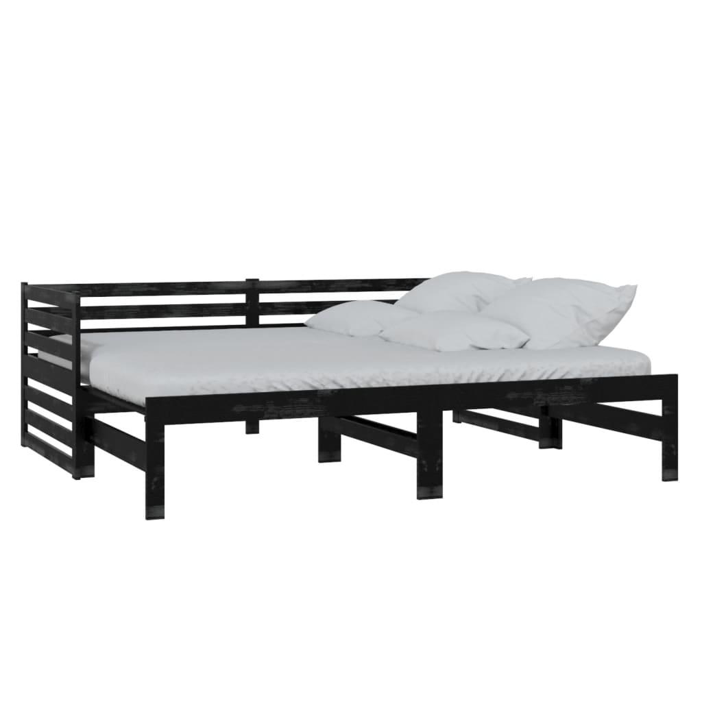 vidaXL Izvlečna dnevna postelja črna trdna borovina 2x(90x200) cm