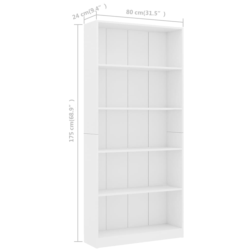 vidaXL Knjižna omara 5-nadstropna bela 80x24x175 cm iverna plošča