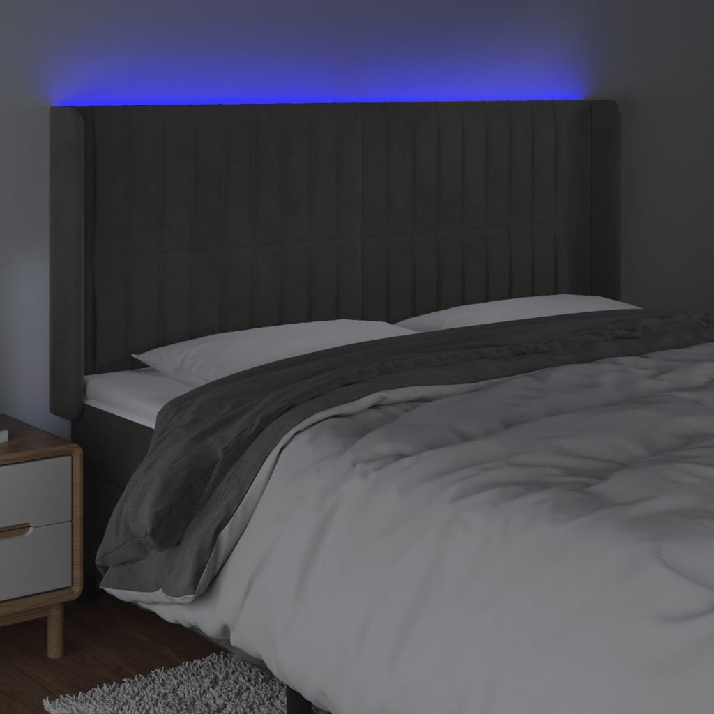 vidaXL LED posteljno vzglavje temno sivo 203x16x118/128 cm žamet