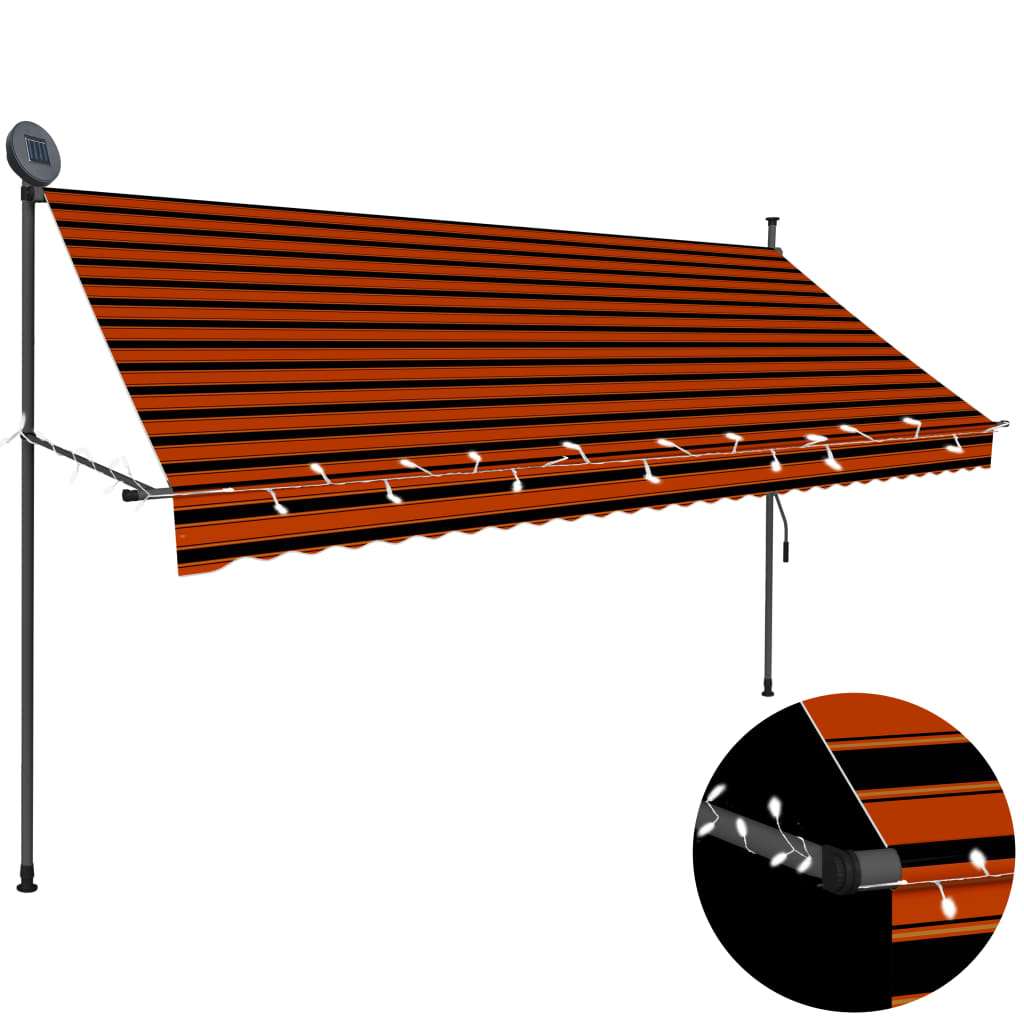 vidaXL Ročno zložljiva tenda z LED lučkami 300 cm oranžna in rjava