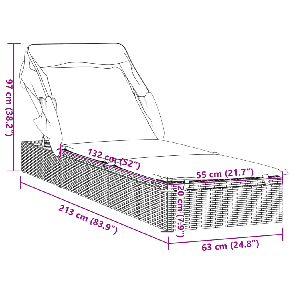vidaXL Vrtni ležalnik z zložljivo streho rjav 213x63x97cm poliratan