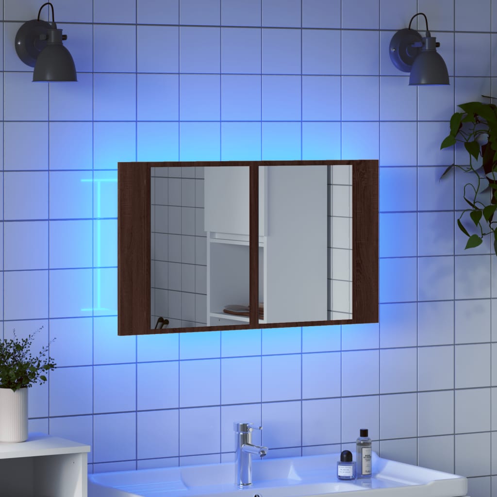 vidaXL LED kopalniška omarica z ogledalom rjavi hrast 80x12x45 akril