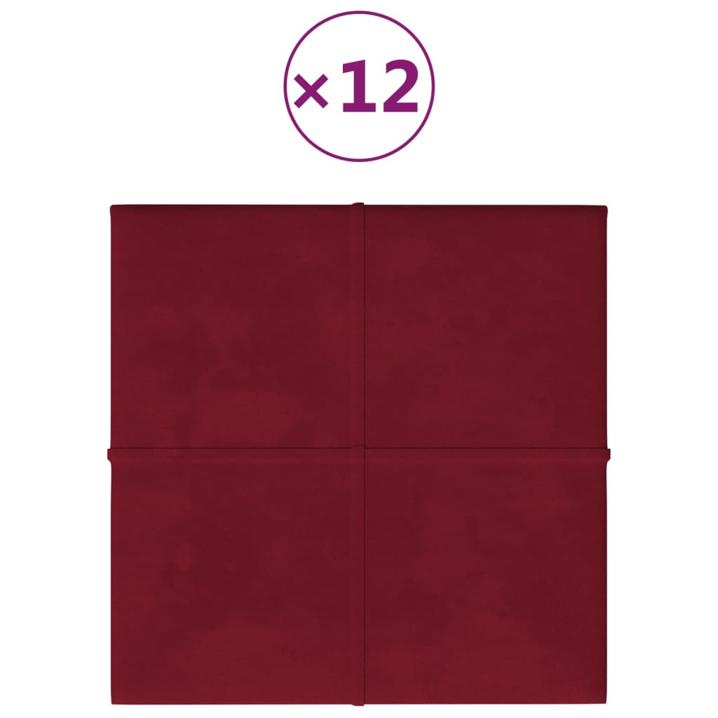 vidaXL Stenski paneli 12 kosov vinsko rdeči 30x30 cm žamet 1,08 m²