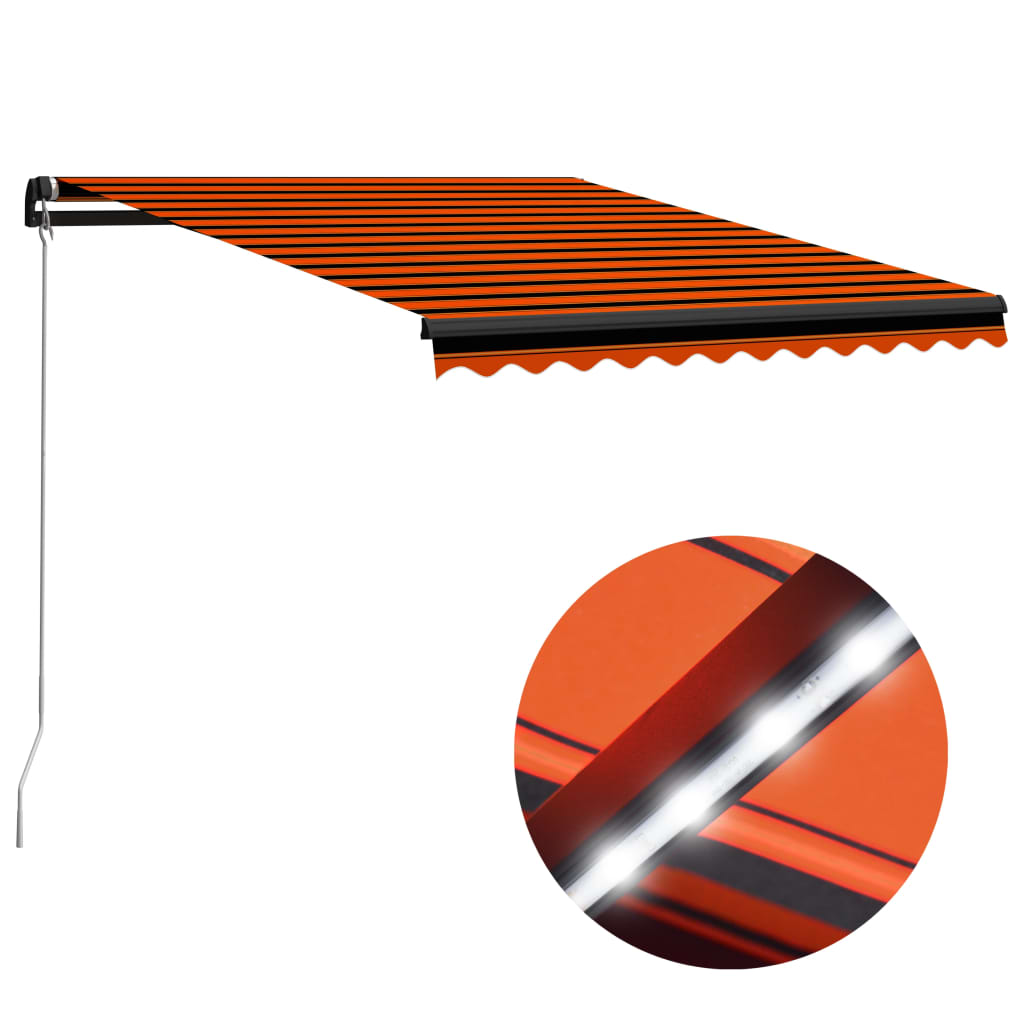 vidaXL Ročno zložljiva tenda z LED 300x250 cm oranžna in rjava