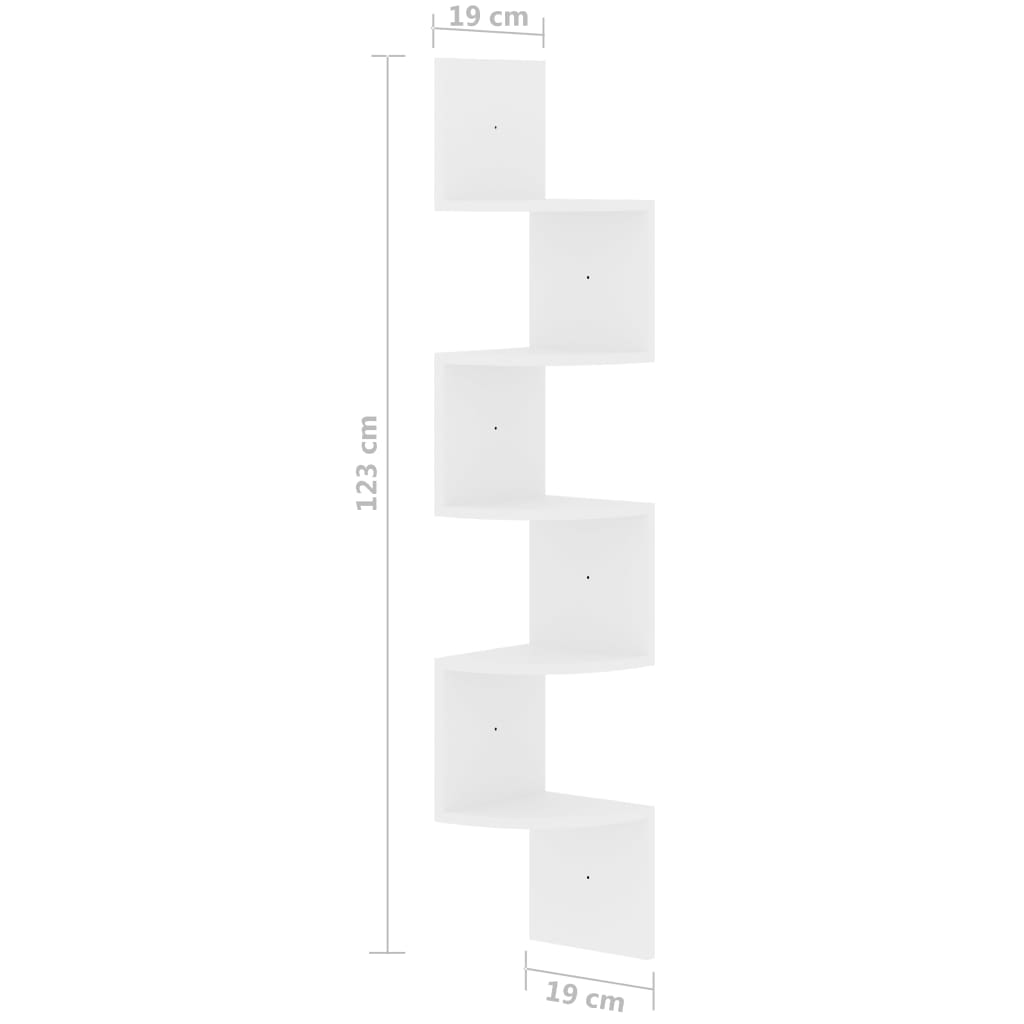 vidaXL Stenska kotna polica visok sijaj bela 19x19x123 cm inž. les