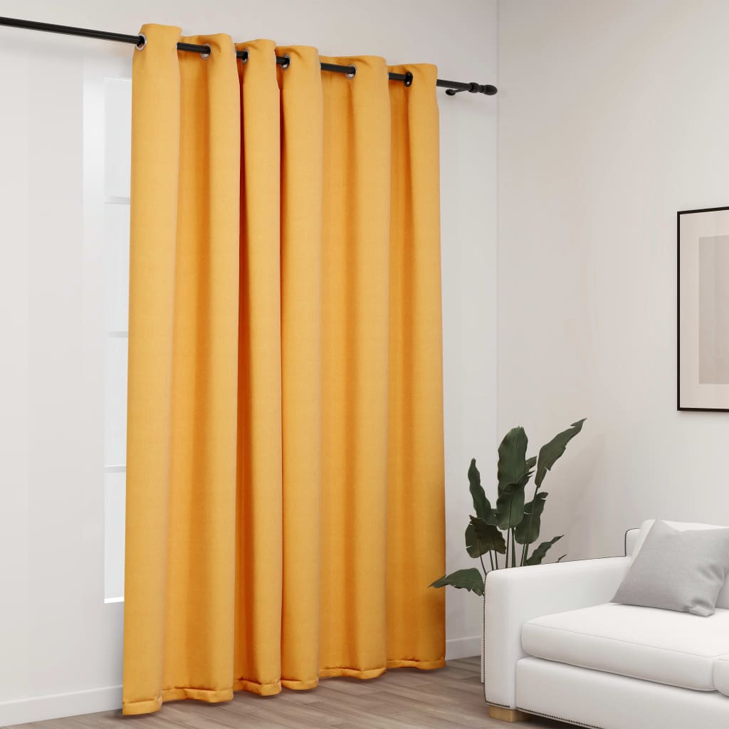 vidaXL Zatemnitvena zavesa z obročki videz platna rumena 290x245 cm