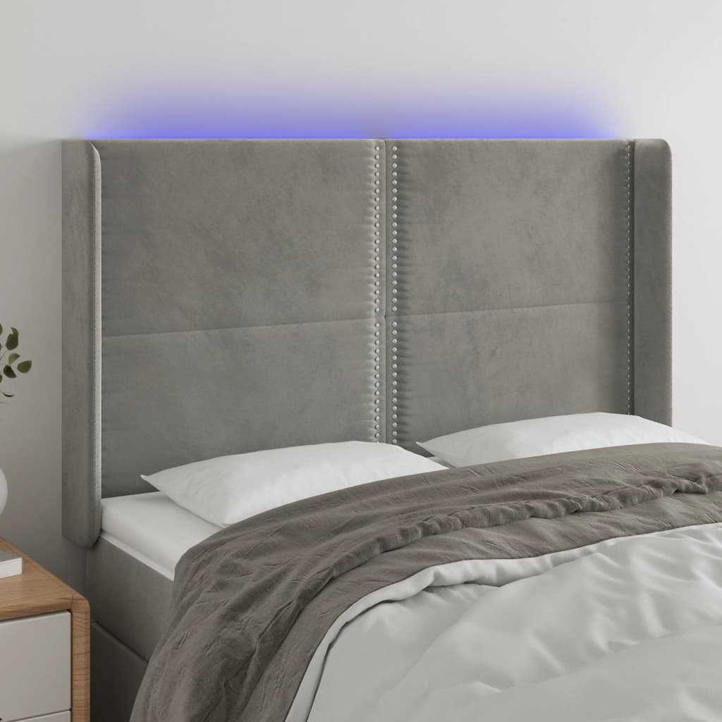 vidaXL LED posteljno vzglavje svetlo sivo 147x16x118/128 cm žamet