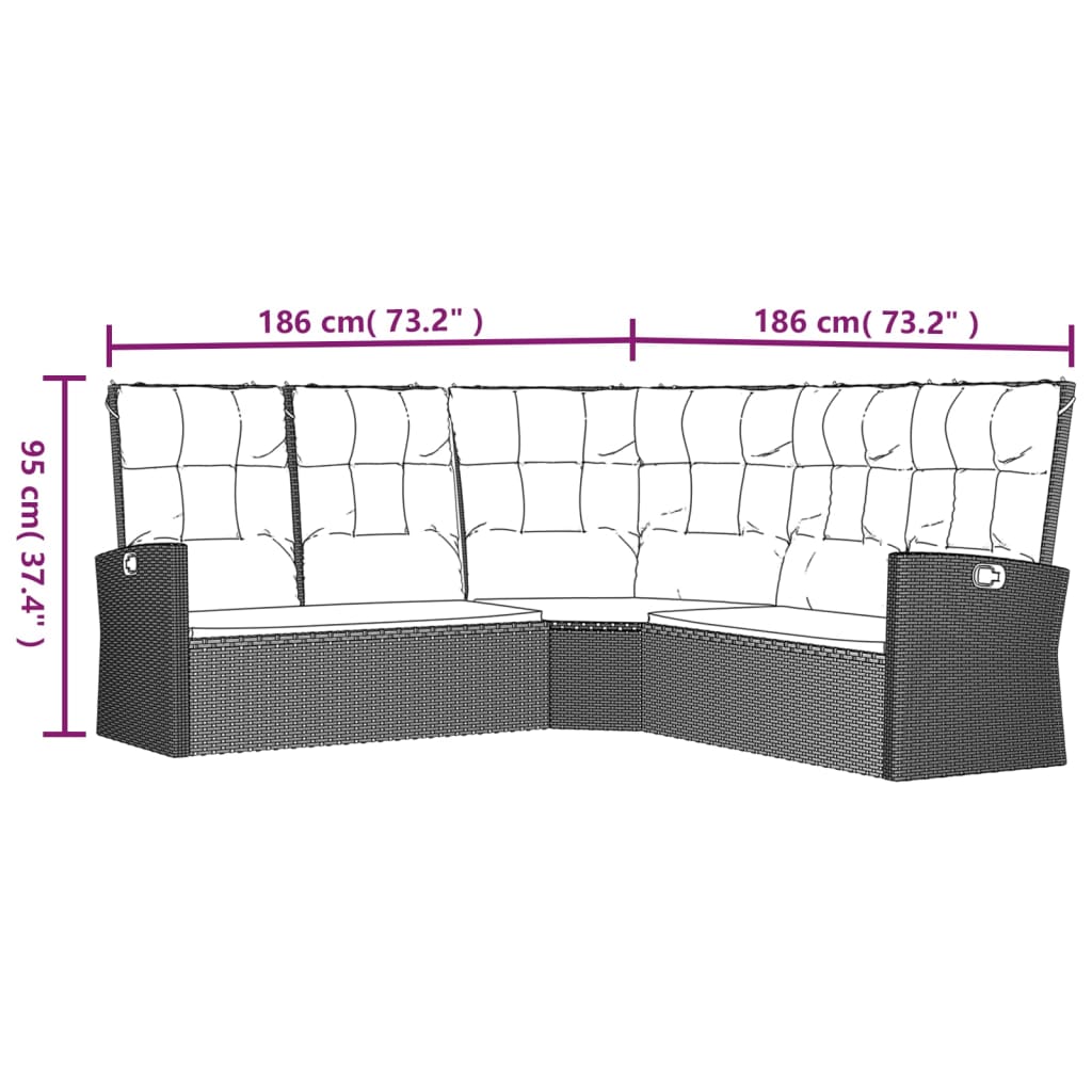 vidaXL Vrtni nastavljiv kotni kavč z blazinami siv poli ratan