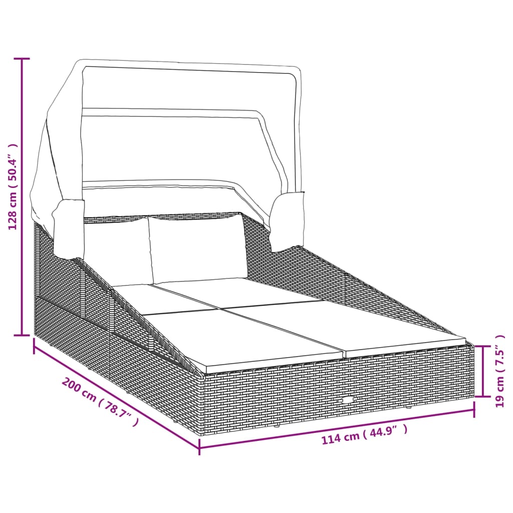 vidaXL Vrtna postelja z zložljivo streho črna 200x114x128 cm PE ratan
