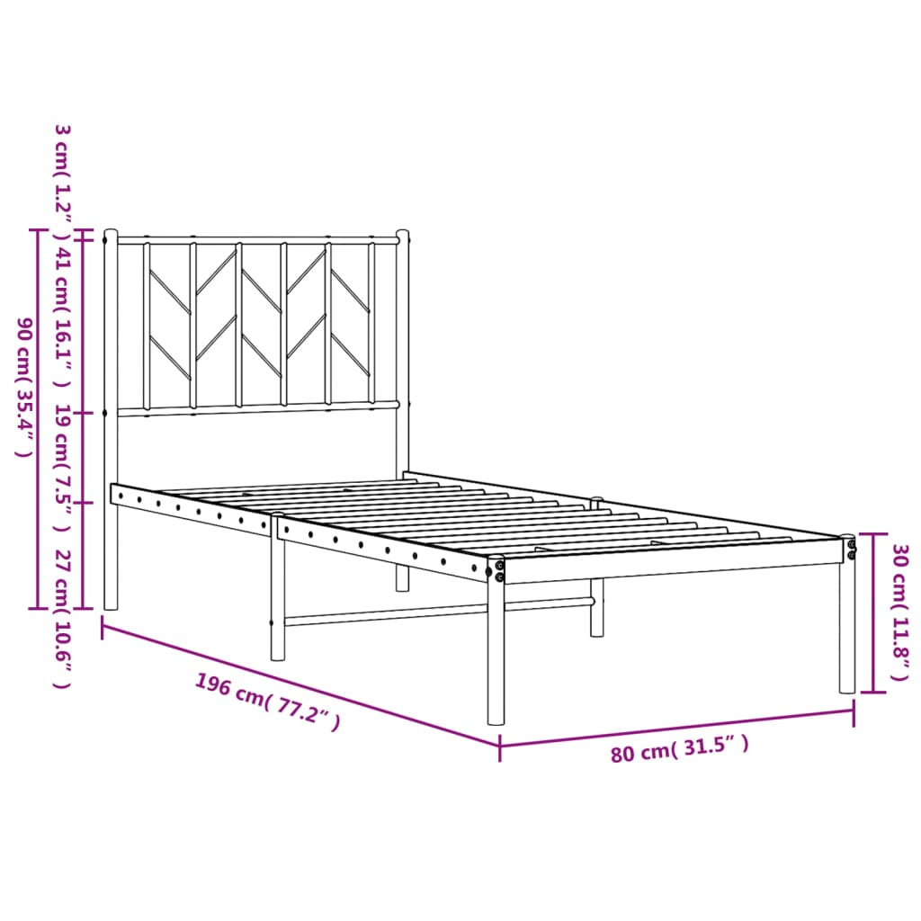 vidaXL Kovinski posteljni okvir z vzglavjem bel 75x190 cm