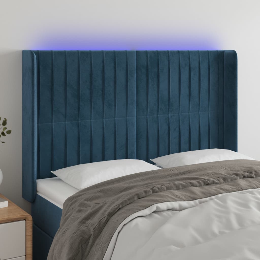 vidaXL LED posteljno vzglavje temno modro 147x16x118/128 cm žamet