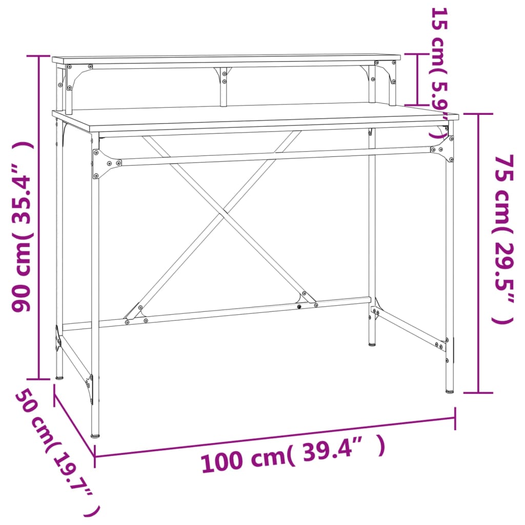 vidaXL Pisalna miza rjavi hrast 100x50x90 cm inženirski les in železo