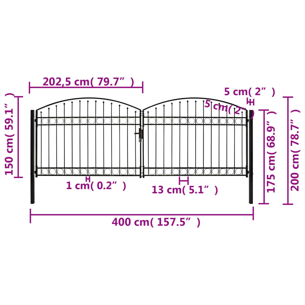 vidaXL Dvojna vrata za ograjo zaobljena jeklo 400x150 cm črna