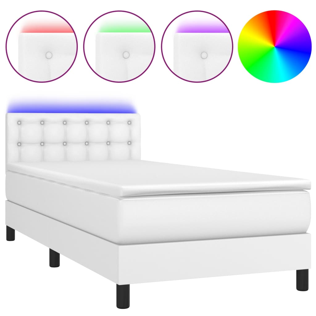vidaXL Box spring postelja z vzmetnico LED bela 90x200 cm umetno usnje