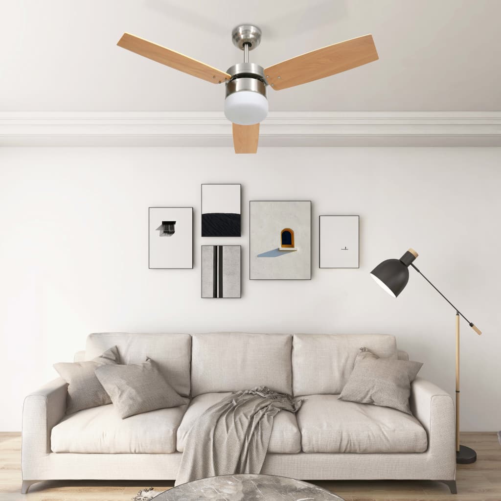vidaXL Stropni ventilator z lučjo in daljincem 108 cm svetlo rjav