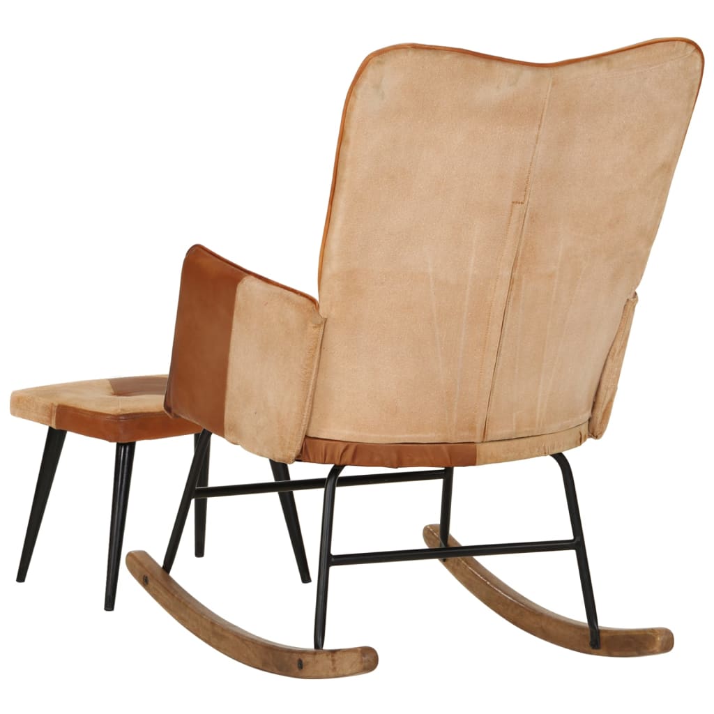 vidaXL Gugalni stol s stolčkom za noge rjavo pravo usnje in platno