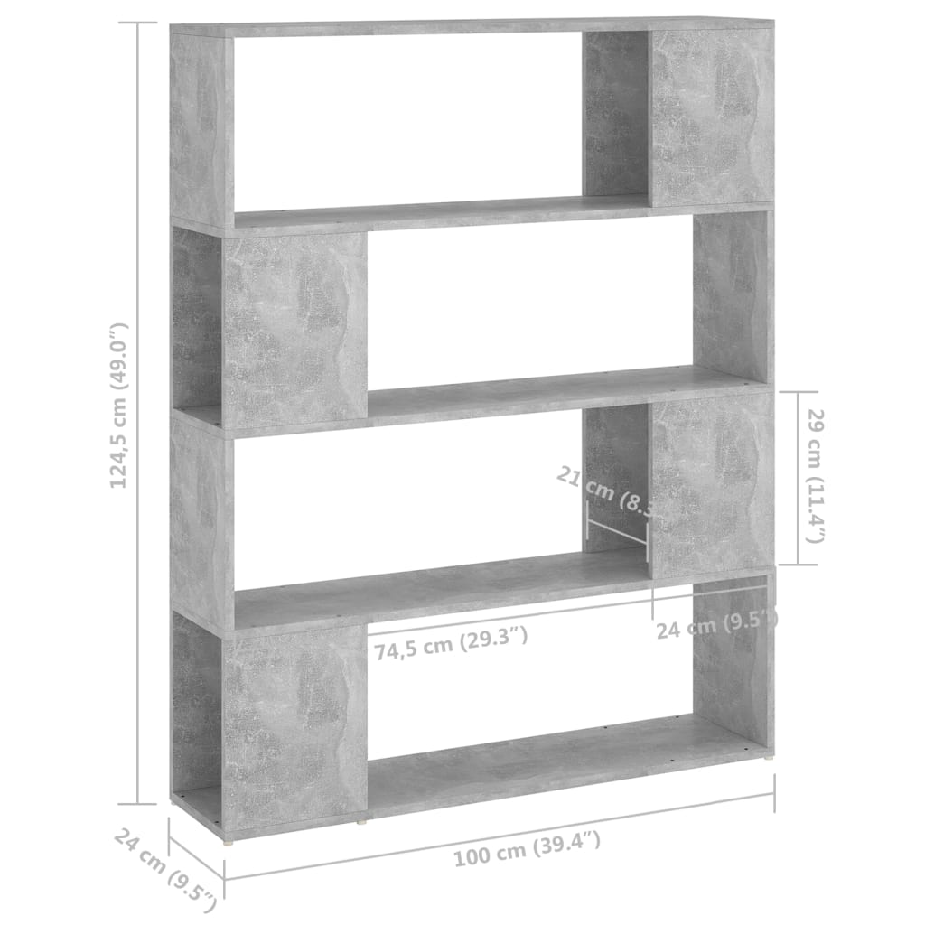 vidaXL Knjižna omara za razdelitev prostora betonsko siva 100x24x124cm
