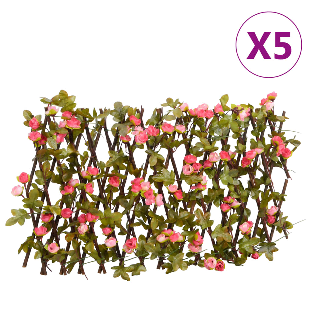 vidaXL Umetni bršljan raztegljiva ograja 5 kosov temno roza 180x20 cm