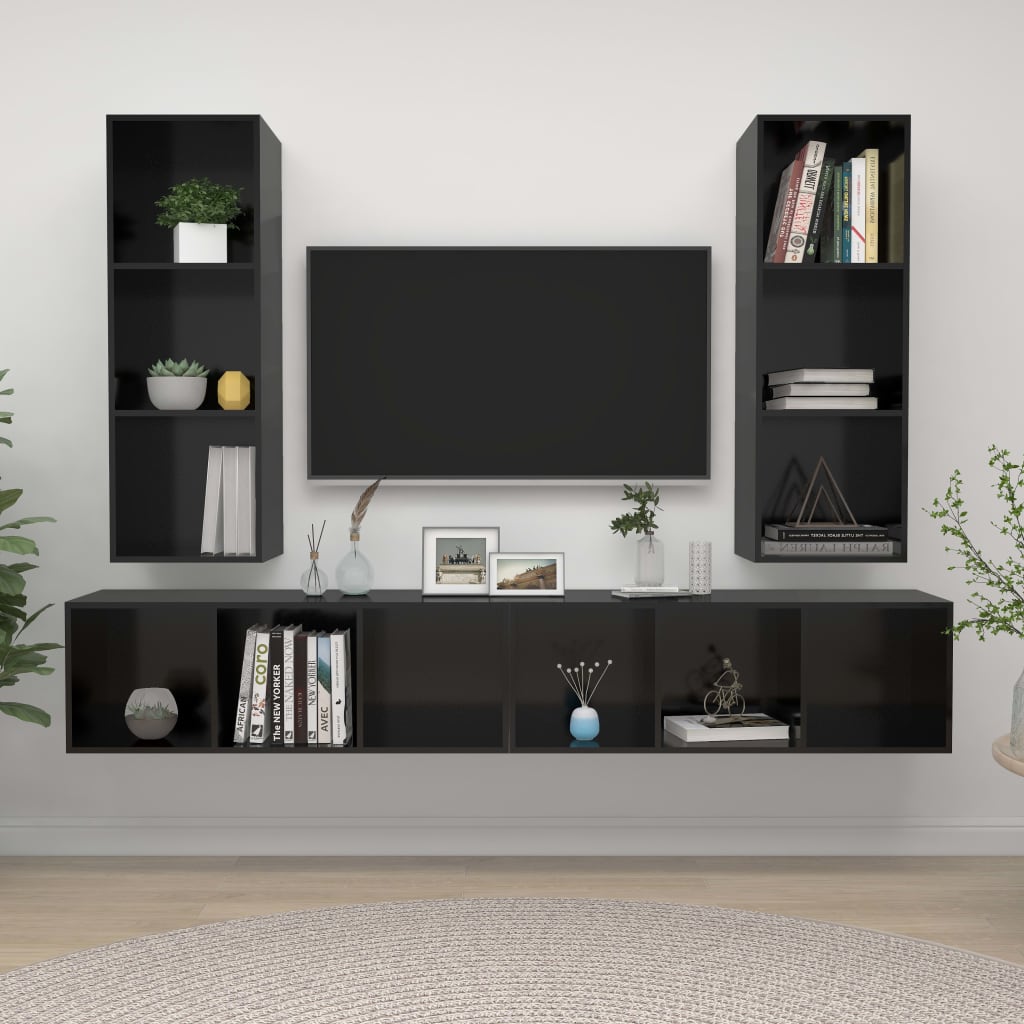 vidaXL Stenska TV omarica 4 kosi visok sijaj črne barve iverna plošča