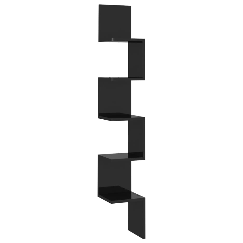 vidaXL Stenska kotna polica visok sijaj črna 20x20x127,5 cm iverna pl.