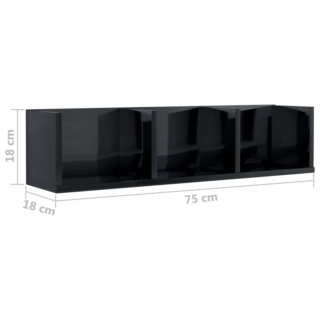 vidaXL Stenska polica za CD plošče visok sijaj črna 75x18x18 cm