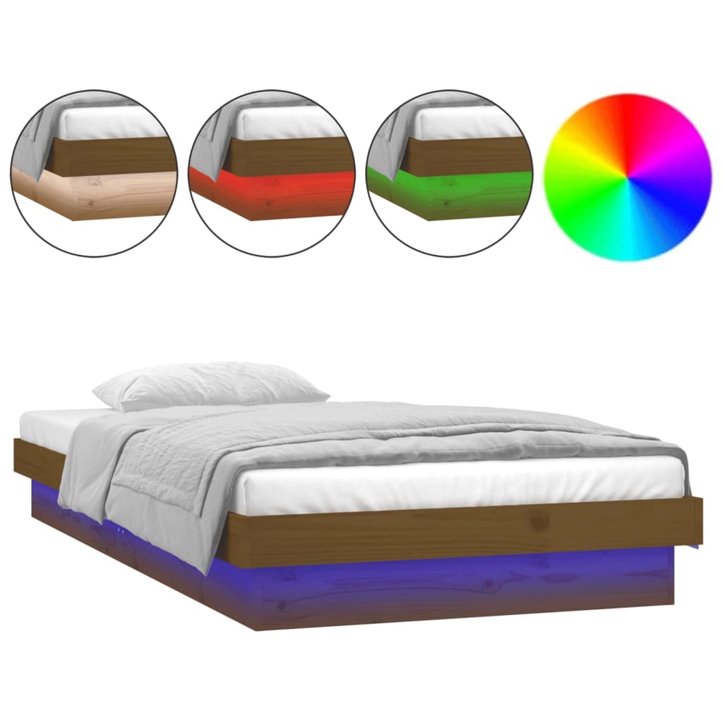 vidaXL LED posteljni okvir medeno rjav 75x190 cm trden les