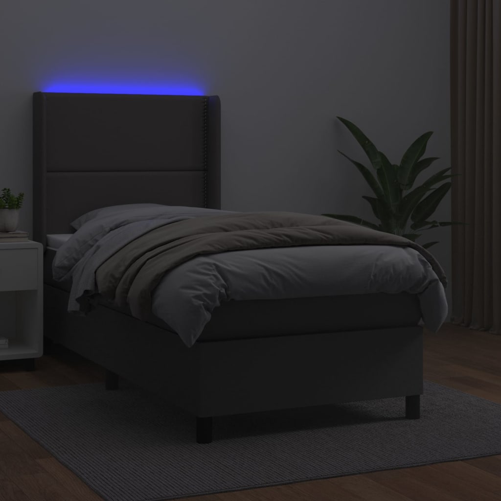 vidaXL Box spring postelja z vzmetnico LED siva 90x200 cm umetno usnje