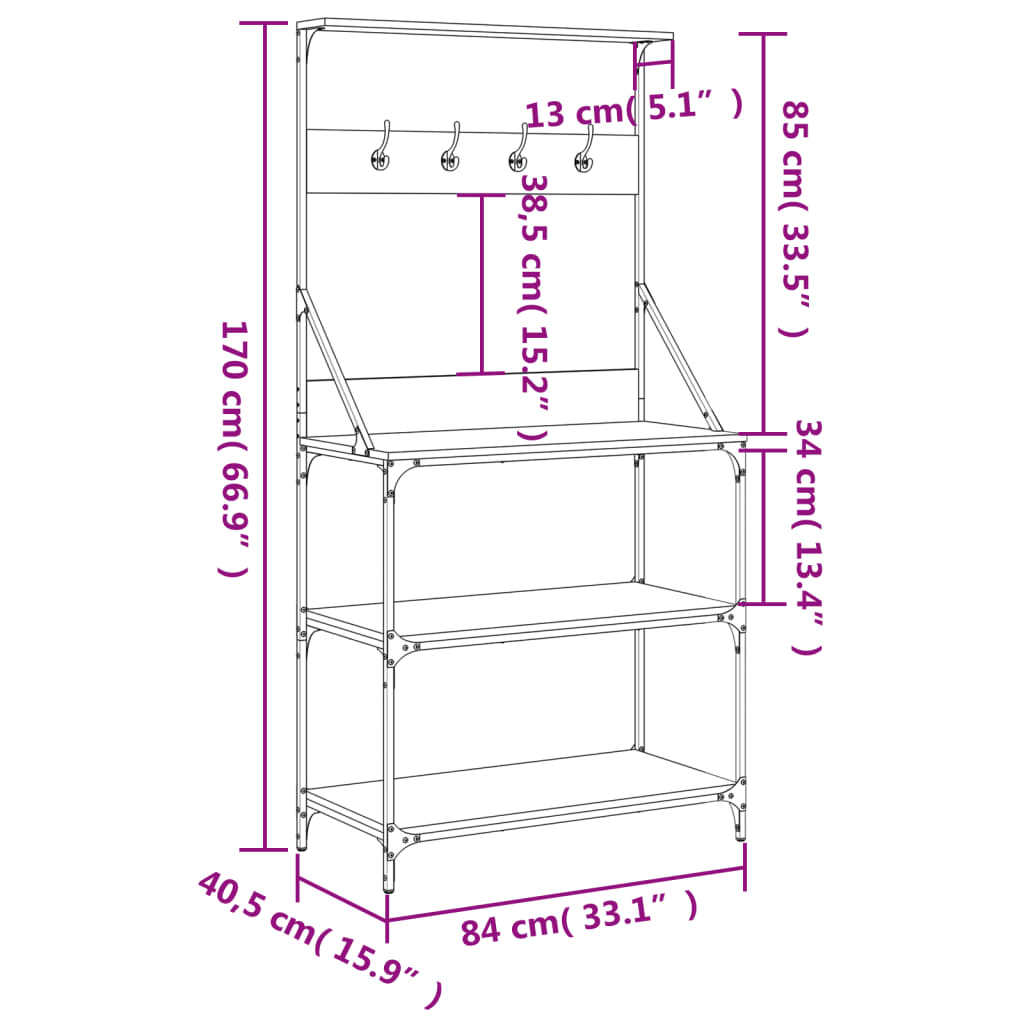 vidaXL Regal za peko s kavlji 4-nadstropni črni inženirski les
