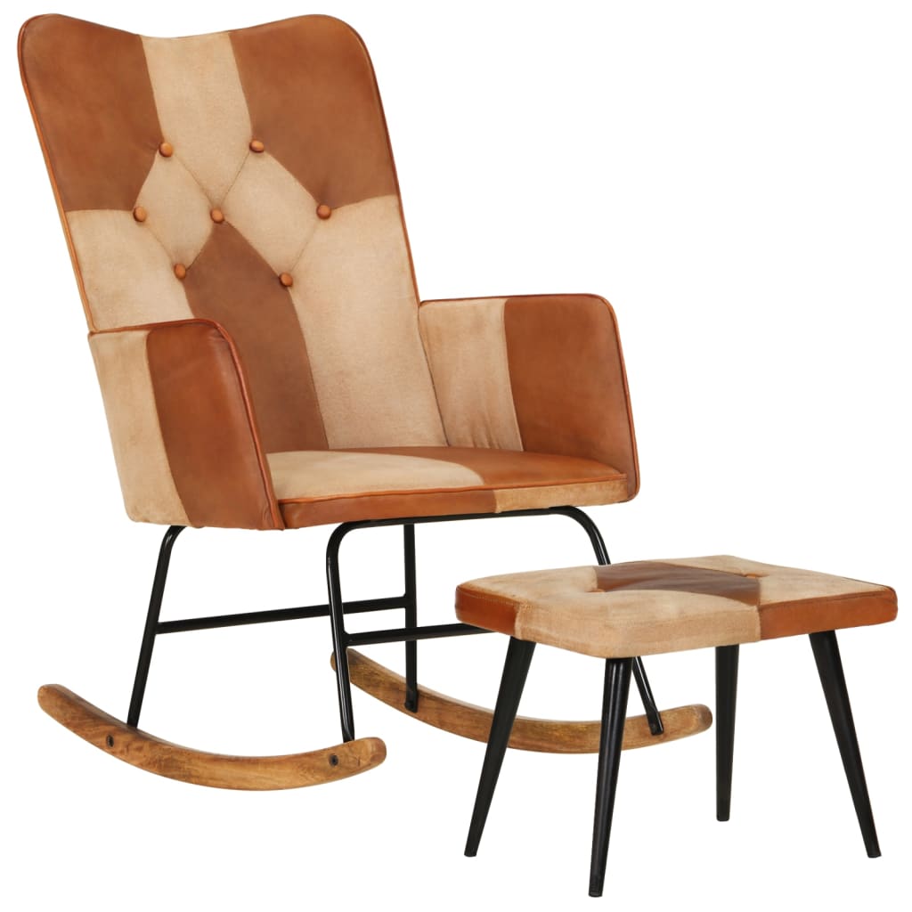 vidaXL Gugalni stol s stolčkom za noge rjavo pravo usnje in platno