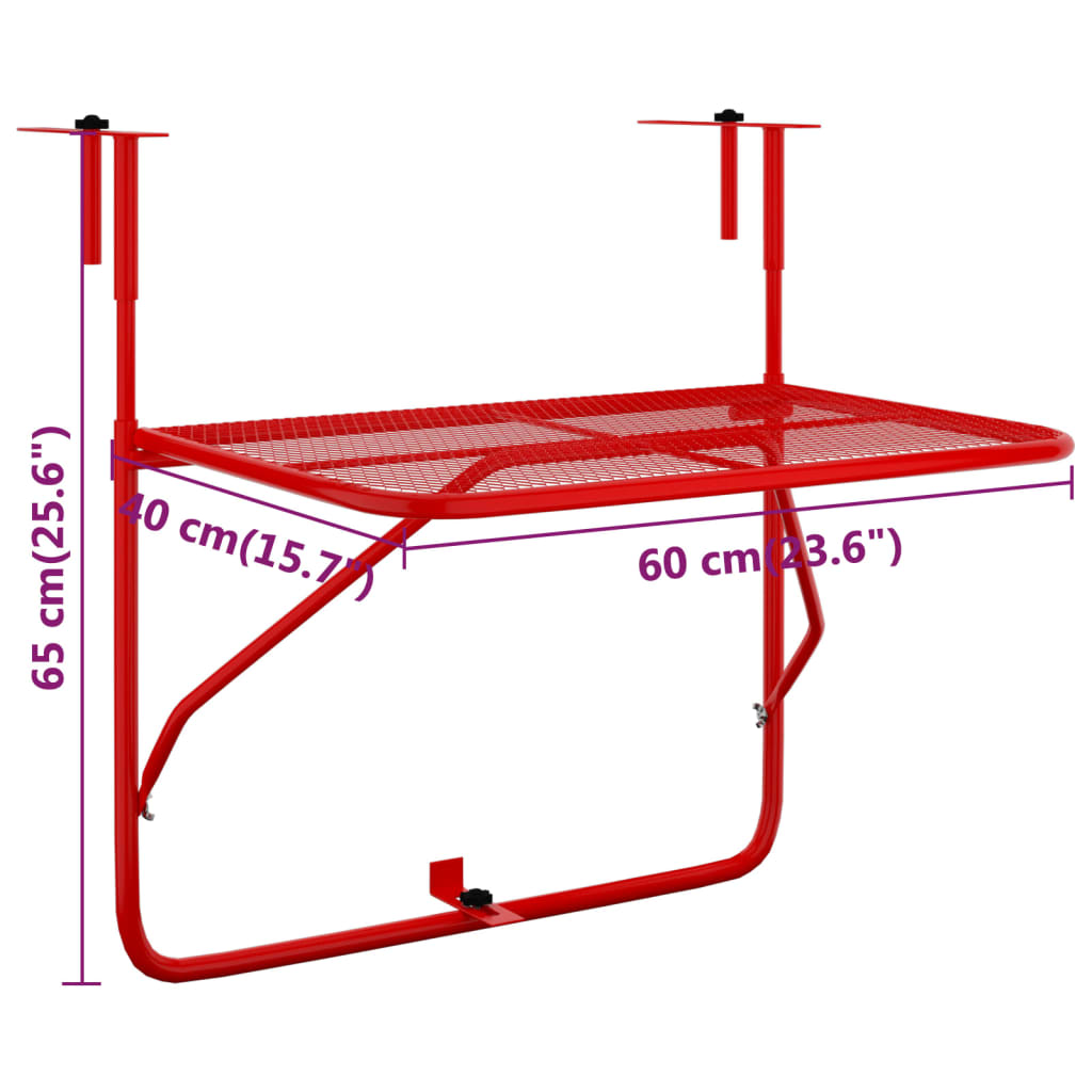 vidaXL Balkonska mizica rdeča 60x40 cm jeklo