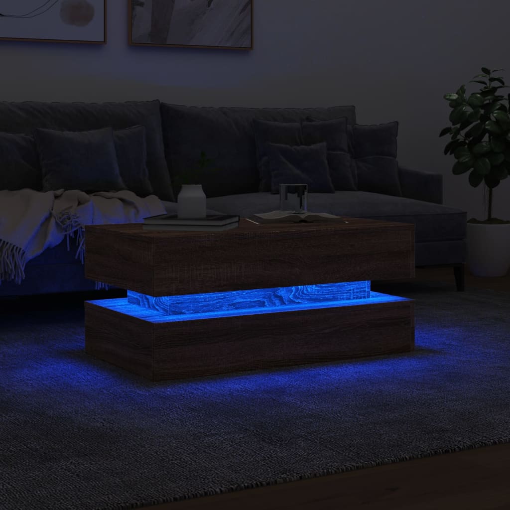 vidaXL Klubska mizica z LED lučkami rjavi hrast 90x50x40 cm